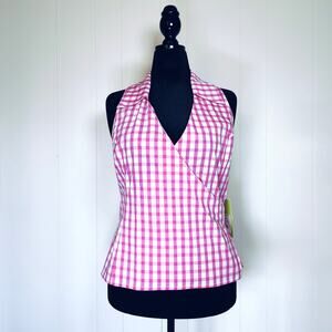Lilly Pulitzer Pink Gingham Wrap Tie Back Blouse Sleeveless 10 Resort Vacation
